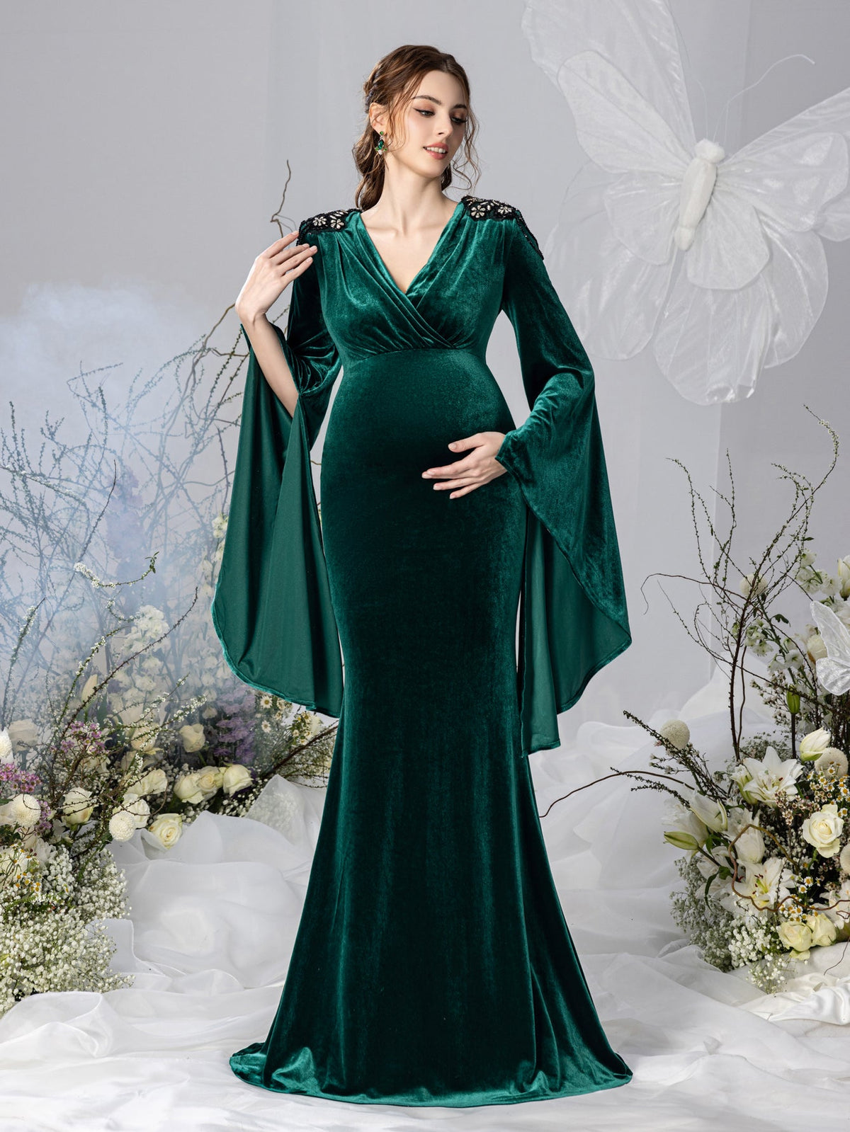 Maternity V-Neck Velvet Long-Sleeve Mermaid Evening Gown — authorized product image 3
