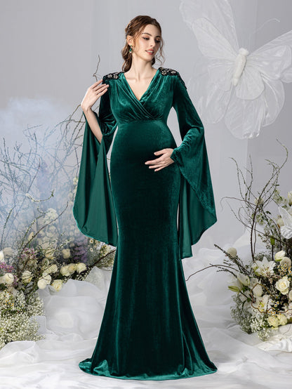 Maternity V-Neck Velvet Long-Sleeve Mermaid Evening Gown — authorized product image 3