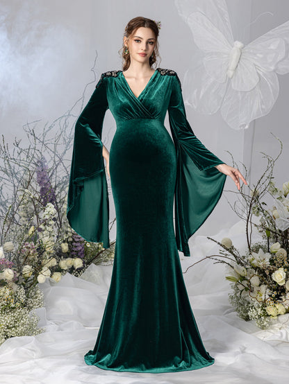 Maternity V-Neck Velvet Long-Sleeve Mermaid Evening Gown — authorized product image 4