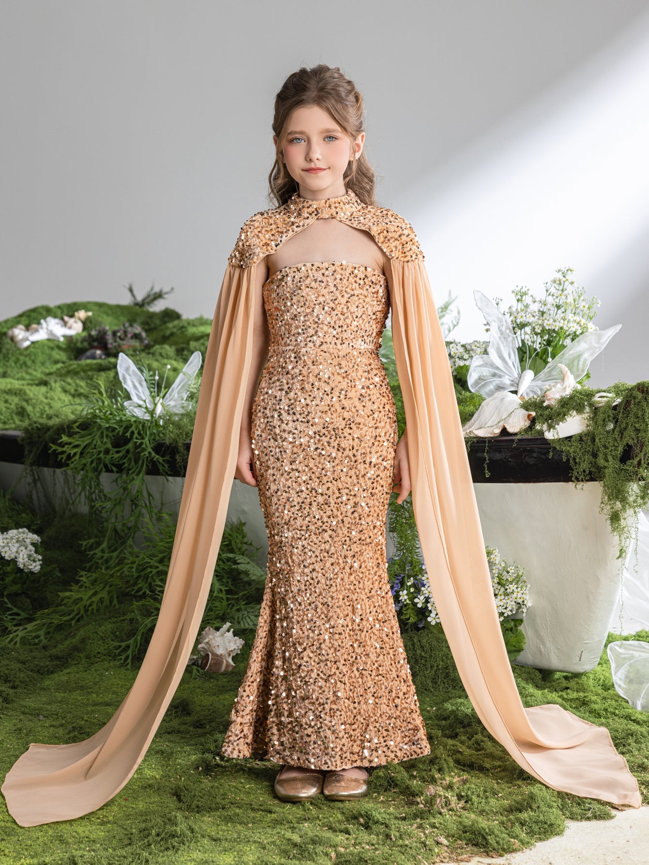 Strapless Sequin Mermaid Sleeveless Maxi Tween Girls' Party Dress in Champagne