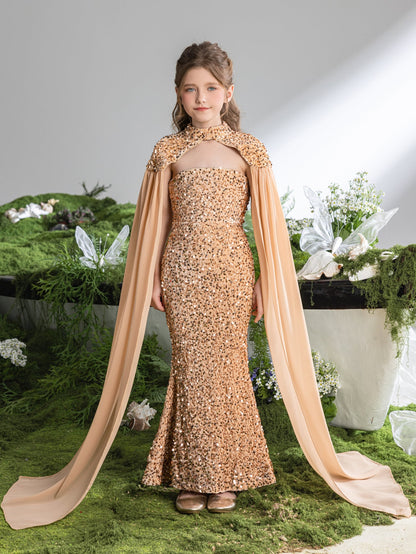 Strapless Sequin Mermaid Sleeveless Maxi Tween Girls' Party Dress in Champagne