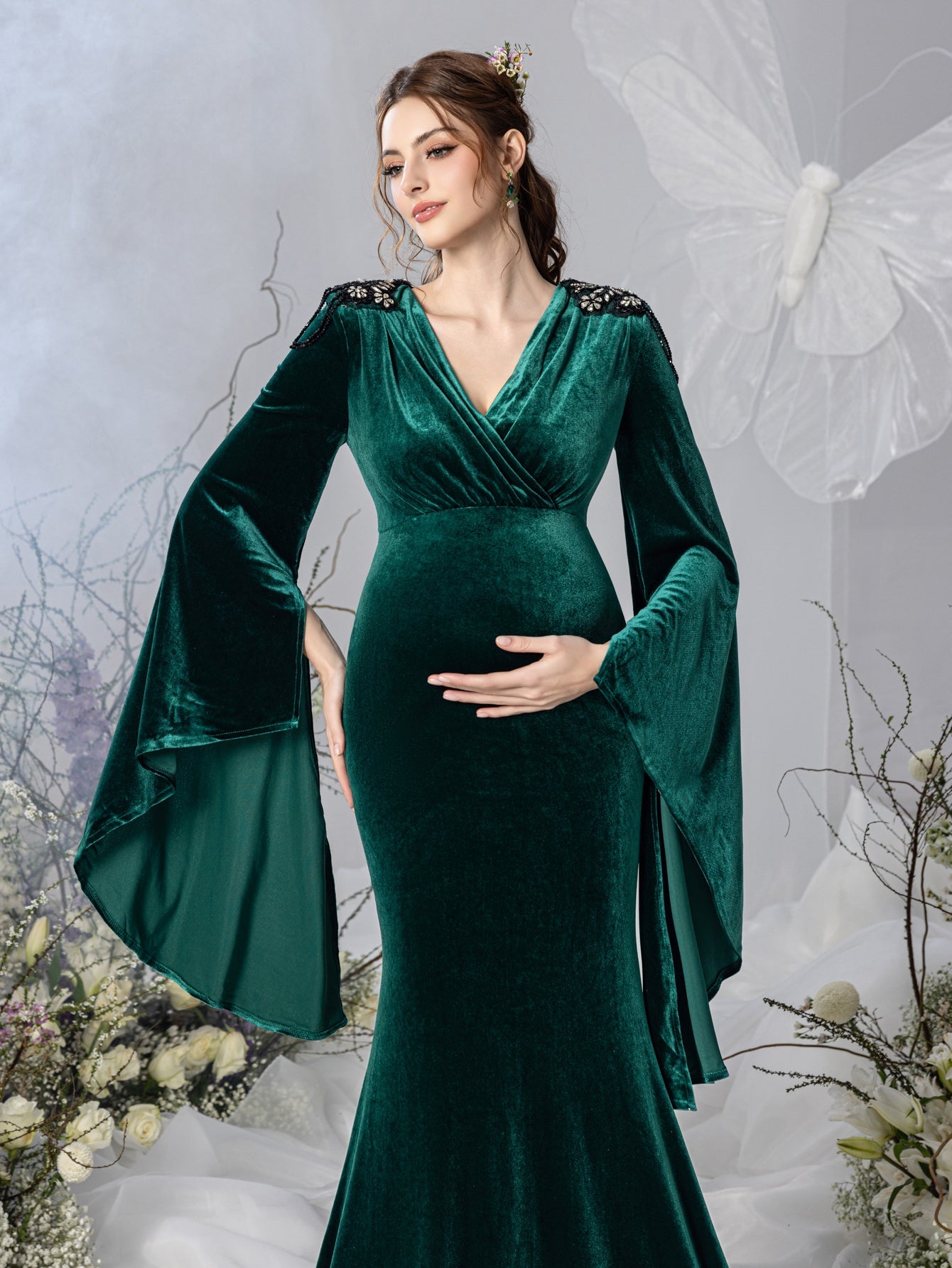 Maternity V-Neck Velvet Long-Sleeve Mermaid Evening Gown — authorized product image 5