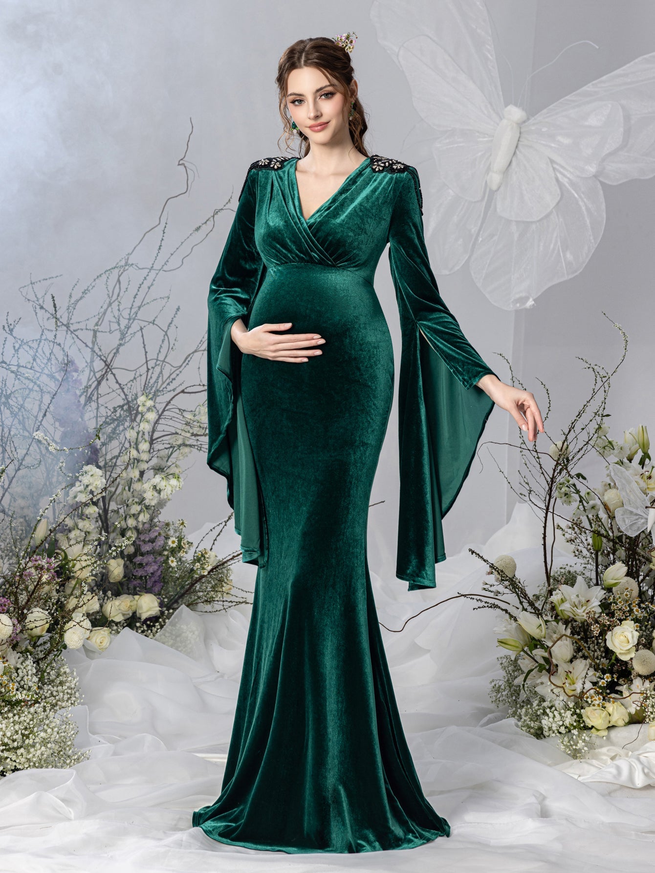 Maternity V-Neck Velvet Long-Sleeve Mermaid Evening Gown — authorized product image 1