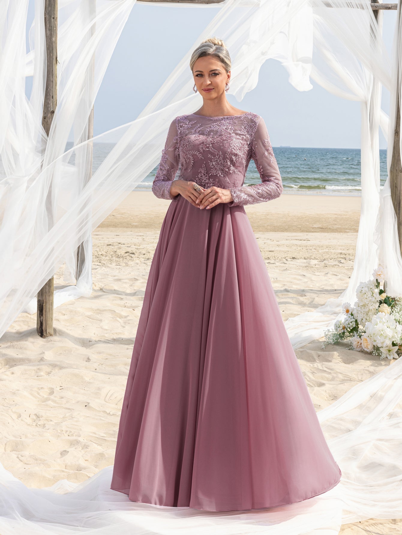 Additional product view of Chiffon Skirt Lace Boat-Neck Long-Sleeve A-Line Mother-of-the-Bride Dress