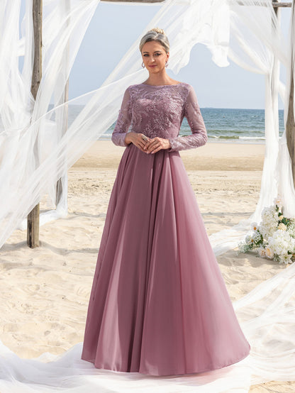 Additional product view of Chiffon Skirt Lace Boat-Neck Long-Sleeve A-Line Mother-of-the-Bride Dress