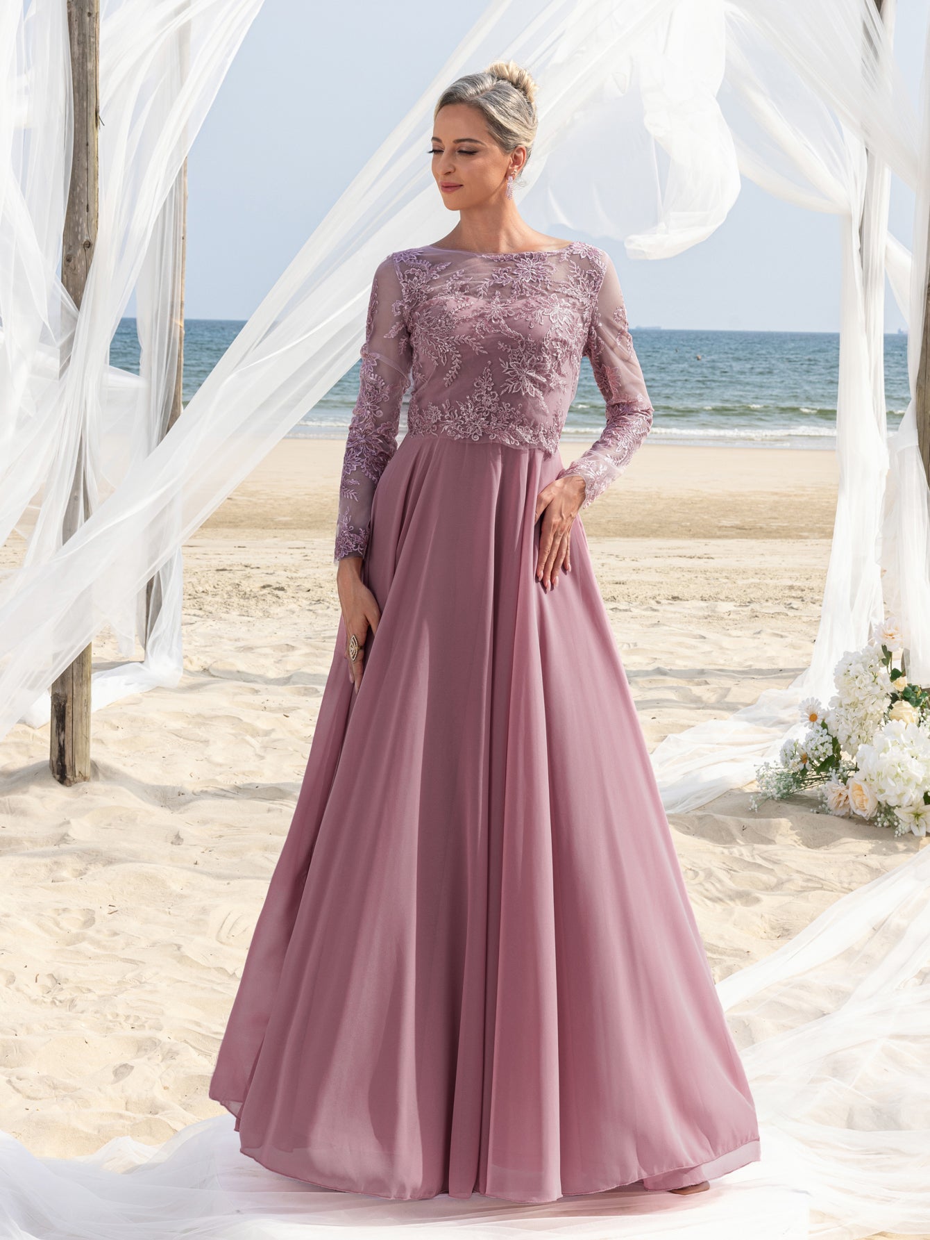 Additional product view of Chiffon Skirt Lace Boat-Neck Long-Sleeve A-Line Mother-of-the-Bride Dress
