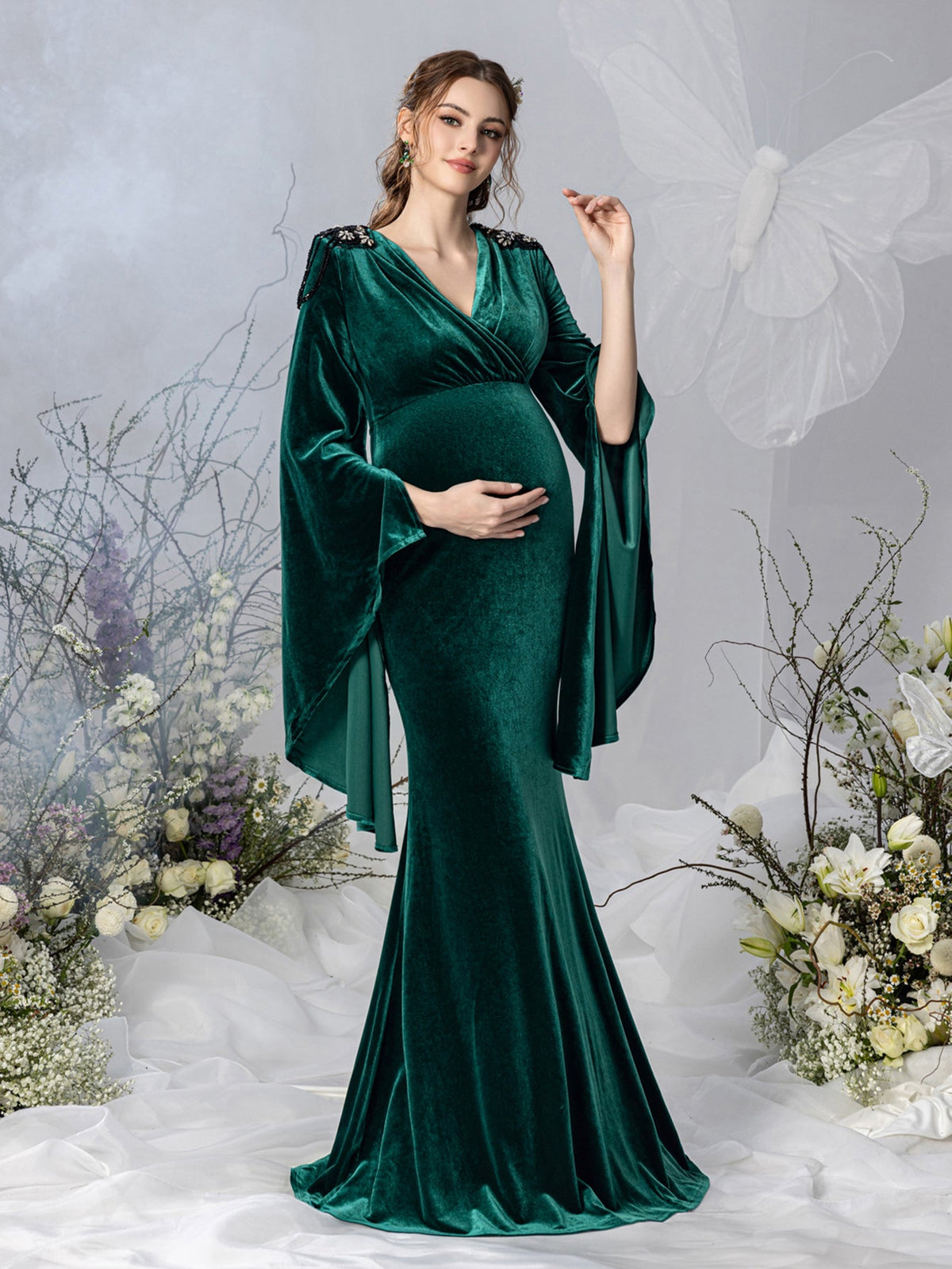 Maternity V-Neck Velvet Long-Sleeve Mermaid Evening Gown — authorized product image 6
