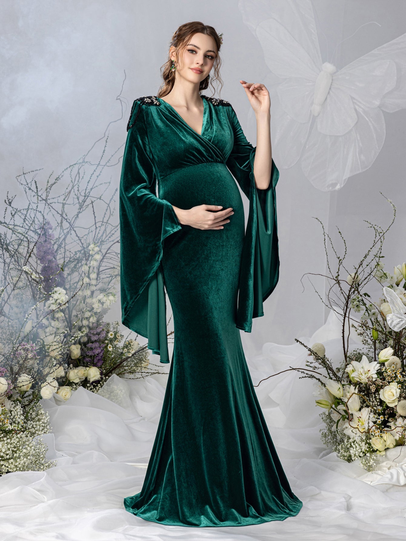 Maternity V-Neck Velvet Long-Sleeve Mermaid Evening Gown — authorized product image 6