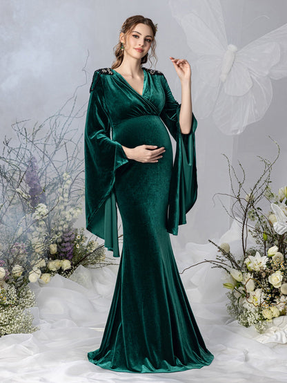 Maternity V-Neck Velvet Long-Sleeve Mermaid Evening Gown — authorized product image 6