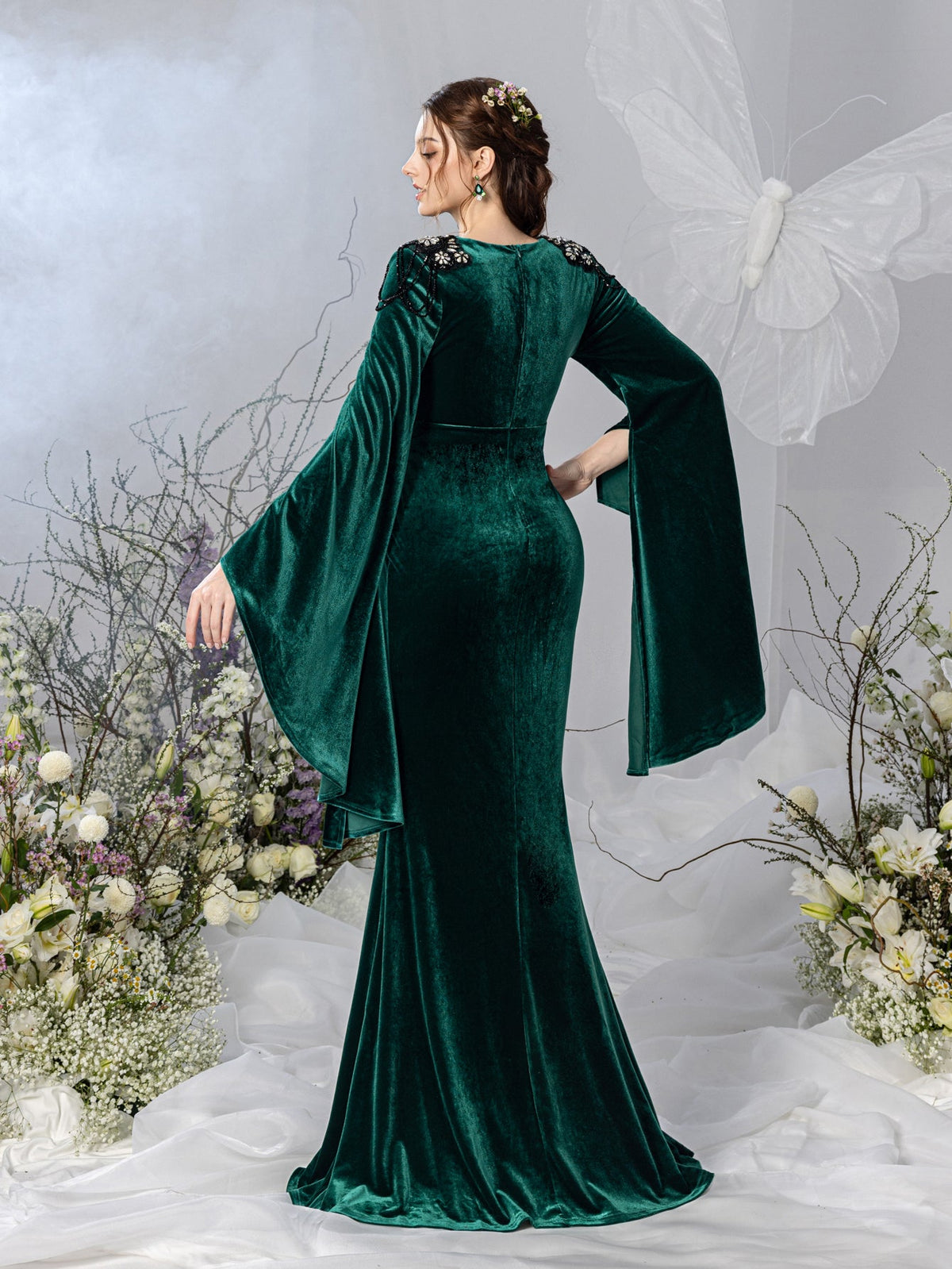 Maternity V-Neck Velvet Long-Sleeve Mermaid Evening Gown — authorized product image 2