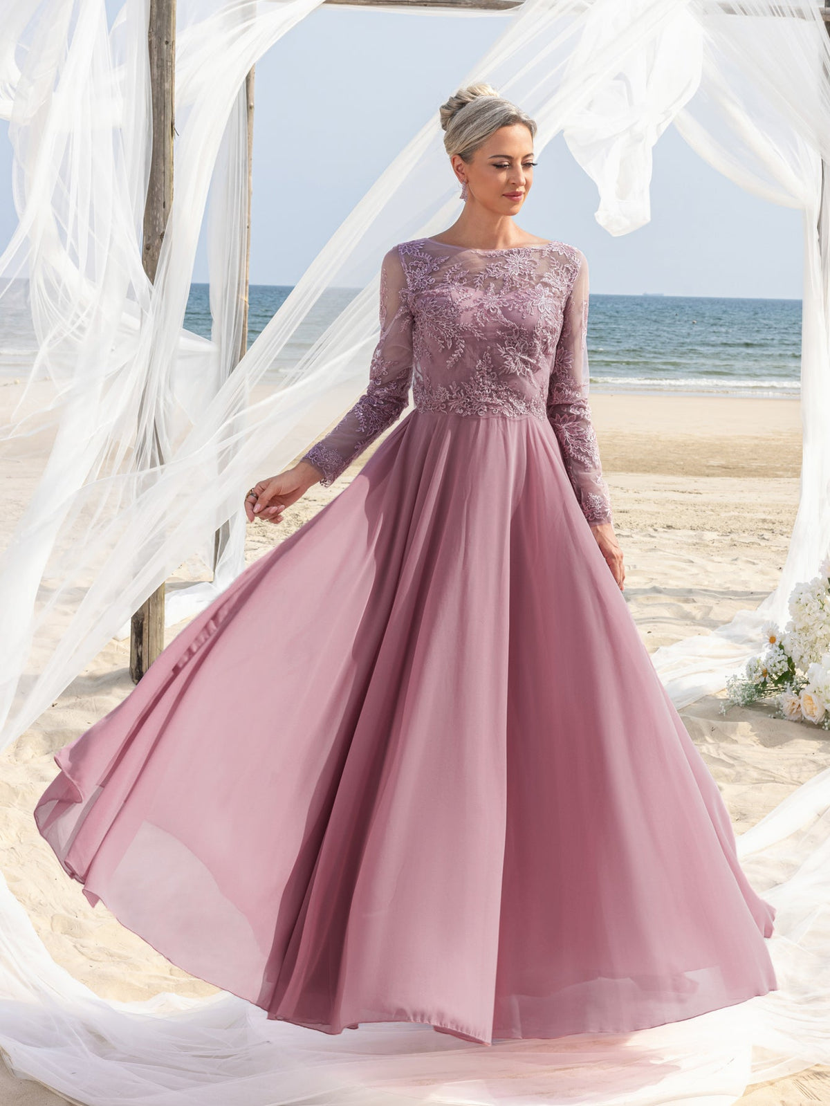 Additional product view of Chiffon Skirt Lace Boat-Neck Long-Sleeve A-Line Mother-of-the-Bride Dress