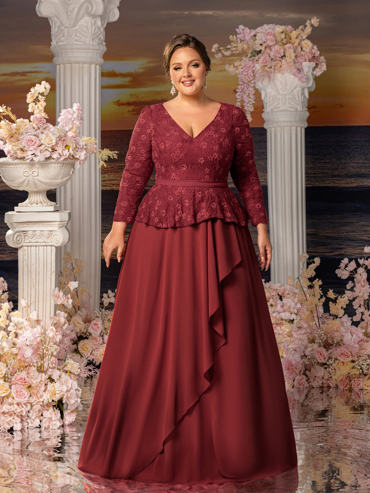 Additional product view of Chiffon Skirt Plus-Size Lace V-Neck A-Line Mother-of-the-Bride Dress
