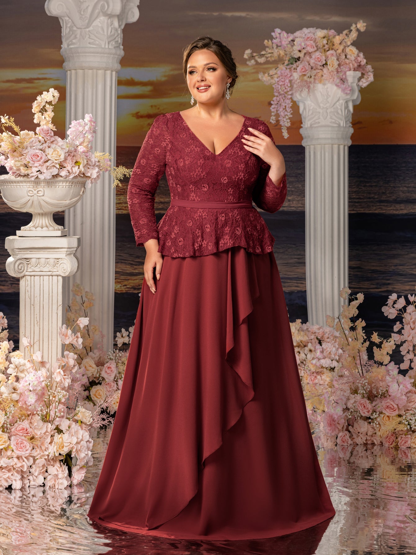 Additional product view of Chiffon Skirt Plus-Size Lace V-Neck A-Line Mother-of-the-Bride Dress