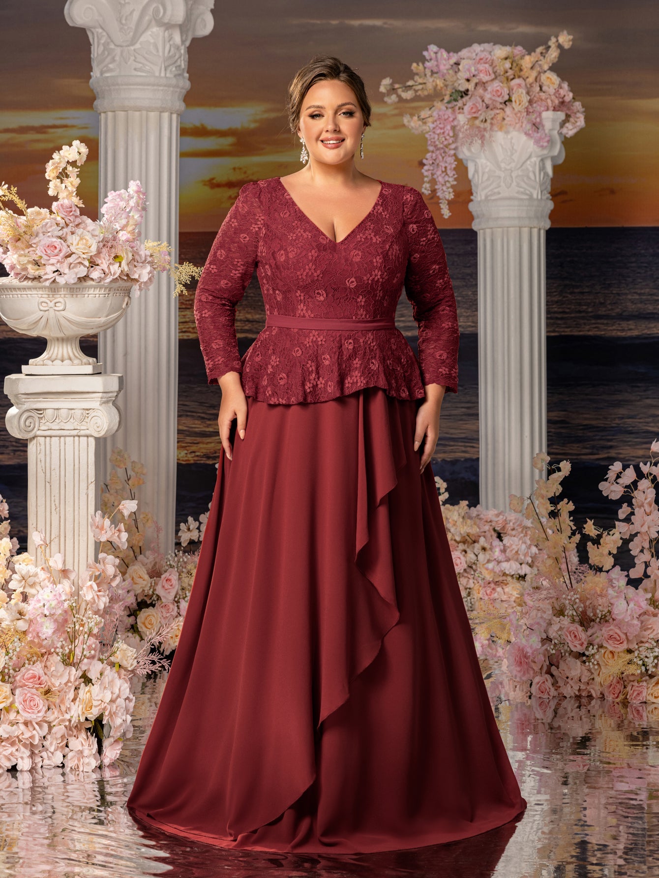 Additional product view of Chiffon Skirt Plus-Size Lace V-Neck A-Line Mother-of-the-Bride Dress