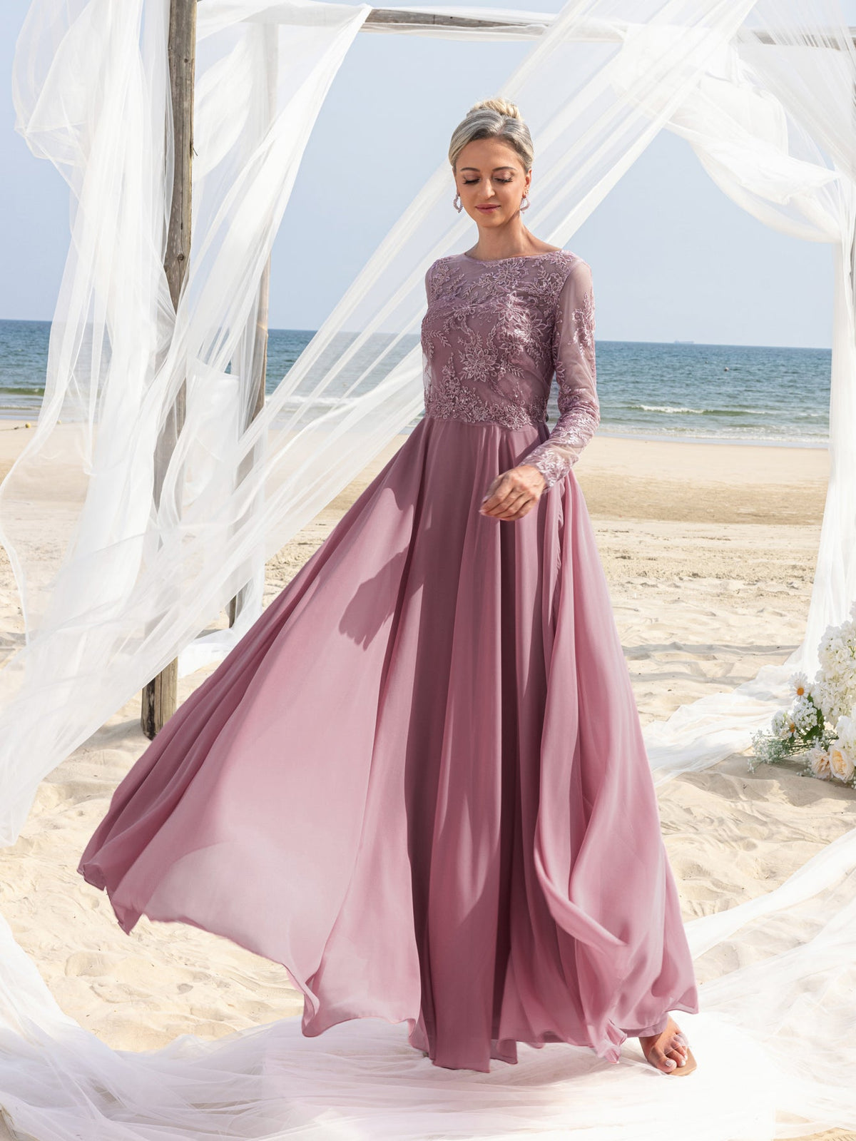 Additional product view of Chiffon Skirt Lace Boat-Neck Long-Sleeve A-Line Mother-of-the-Bride Dress