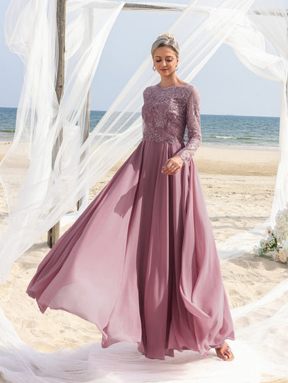 Additional product view of Chiffon Skirt Lace Boat-Neck Long-Sleeve A-Line Mother-of-the-Bride Dress