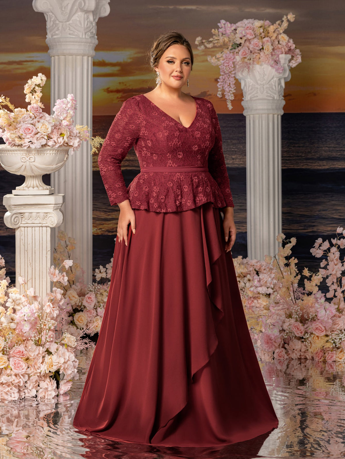 Additional product view of Chiffon Skirt Plus-Size Lace V-Neck A-Line Mother-of-the-Bride Dress
