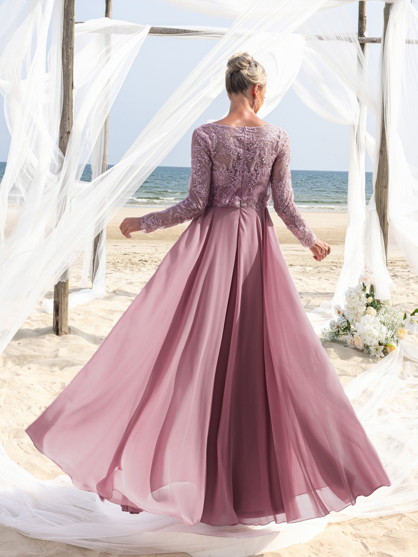 Additional product view of Chiffon Skirt Lace Boat-Neck Long-Sleeve A-Line Mother-of-the-Bride Dress