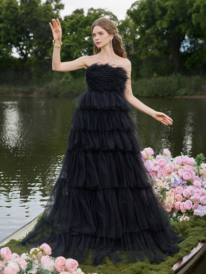 Luxury Feather Bodice Layered Ruffle Tulle Hem Prom Tube Dress — authorized product image 1