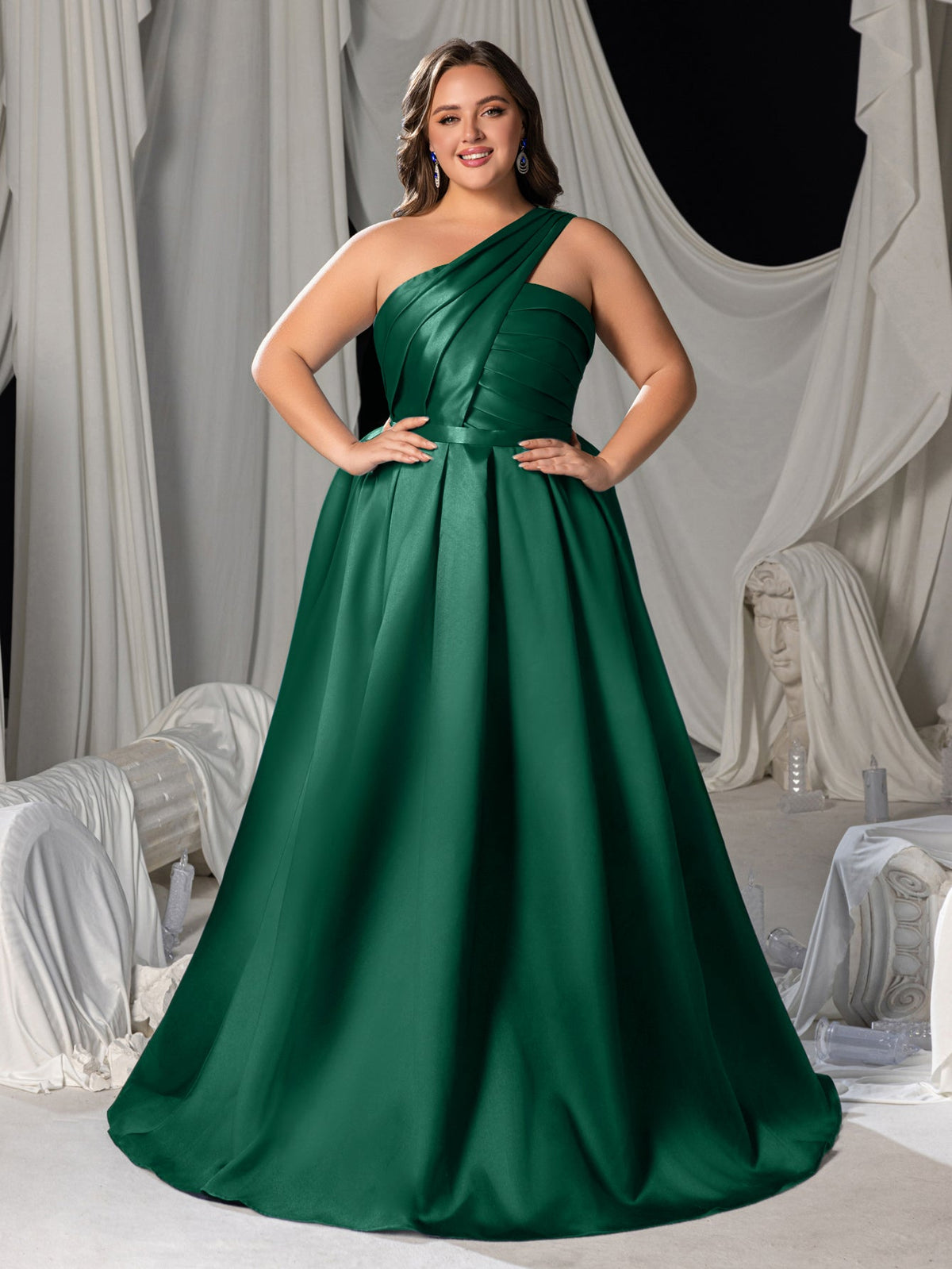 Plus-Size One-Shoulder Satin Pleated Sleeveless A-Line Evening Gown — authorized product image 4