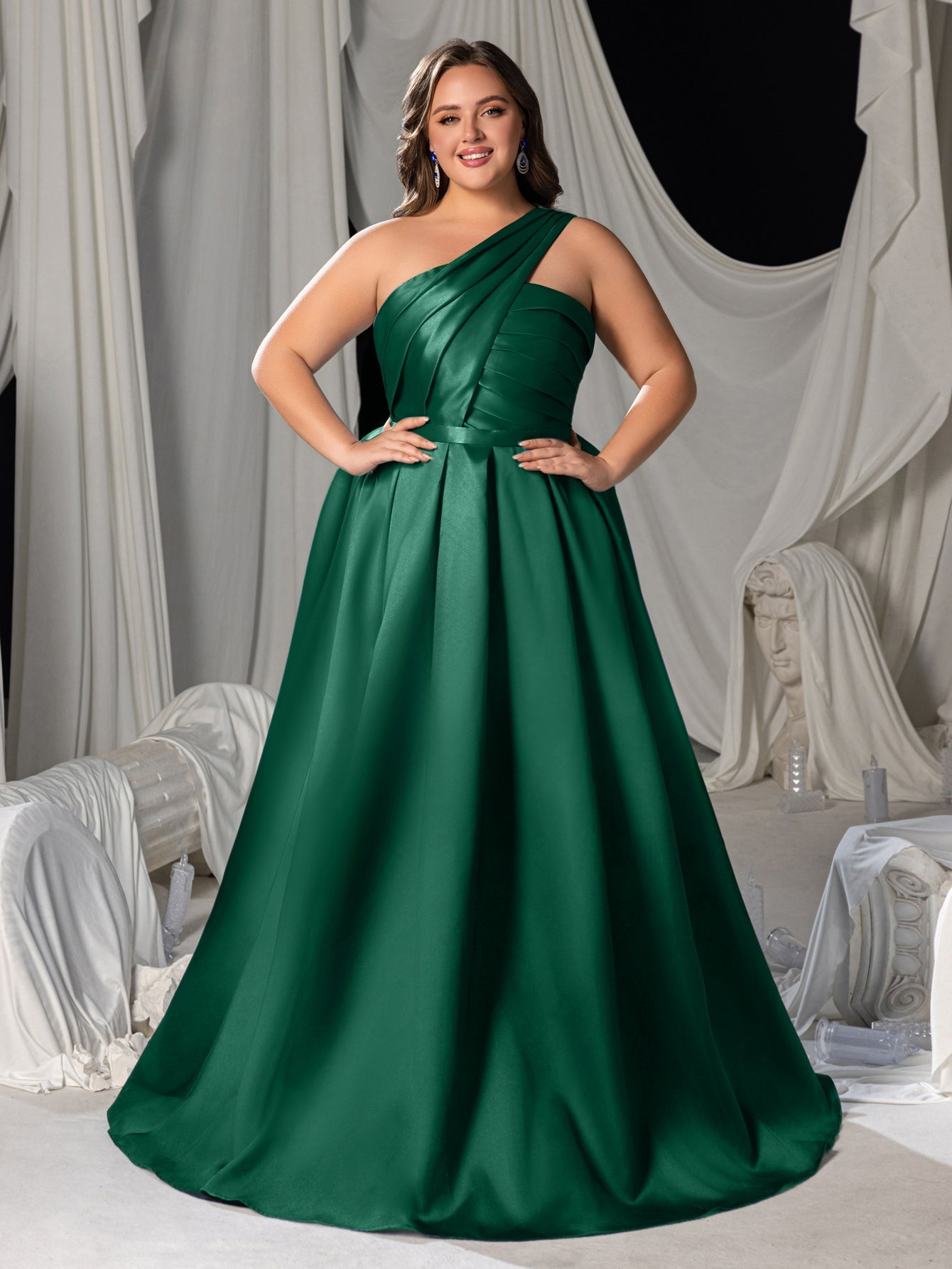 Plus-Size One-Shoulder Satin Pleated Sleeveless A-Line Evening Gown — authorized product image 4