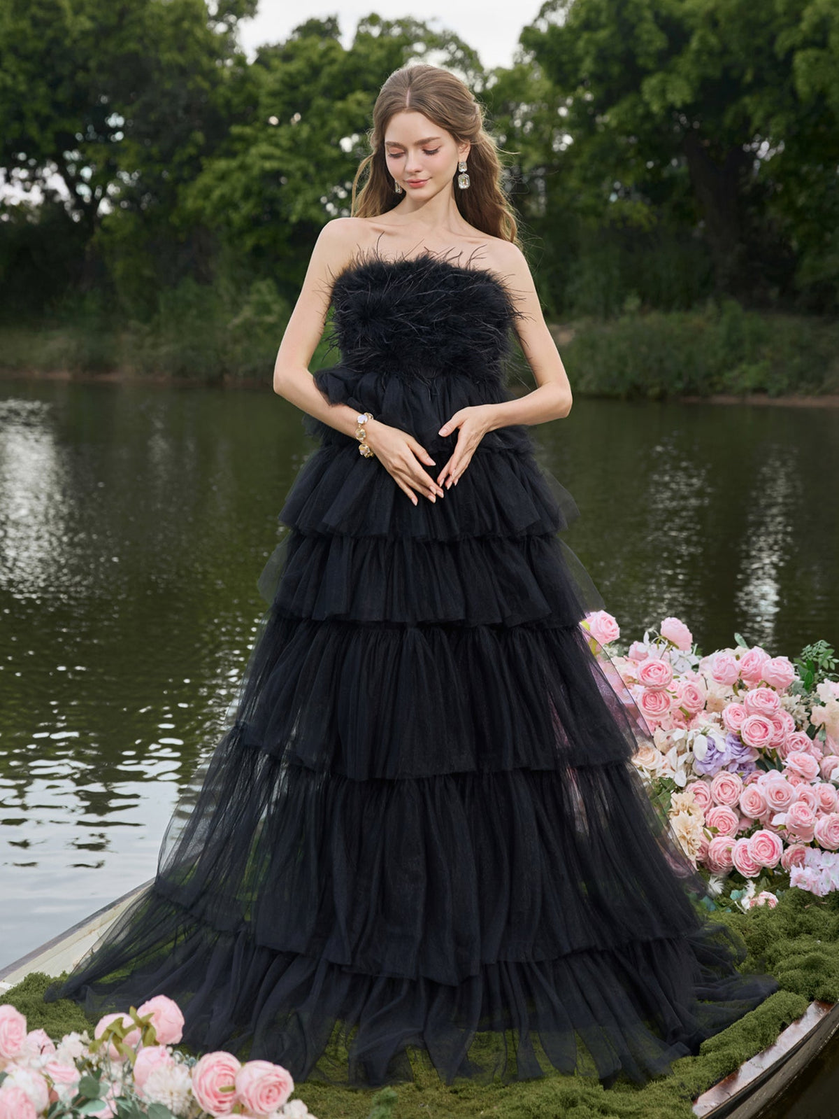 Luxury Feather Bodice Layered Ruffle Tulle Hem Prom Tube Dress — authorized product image 3