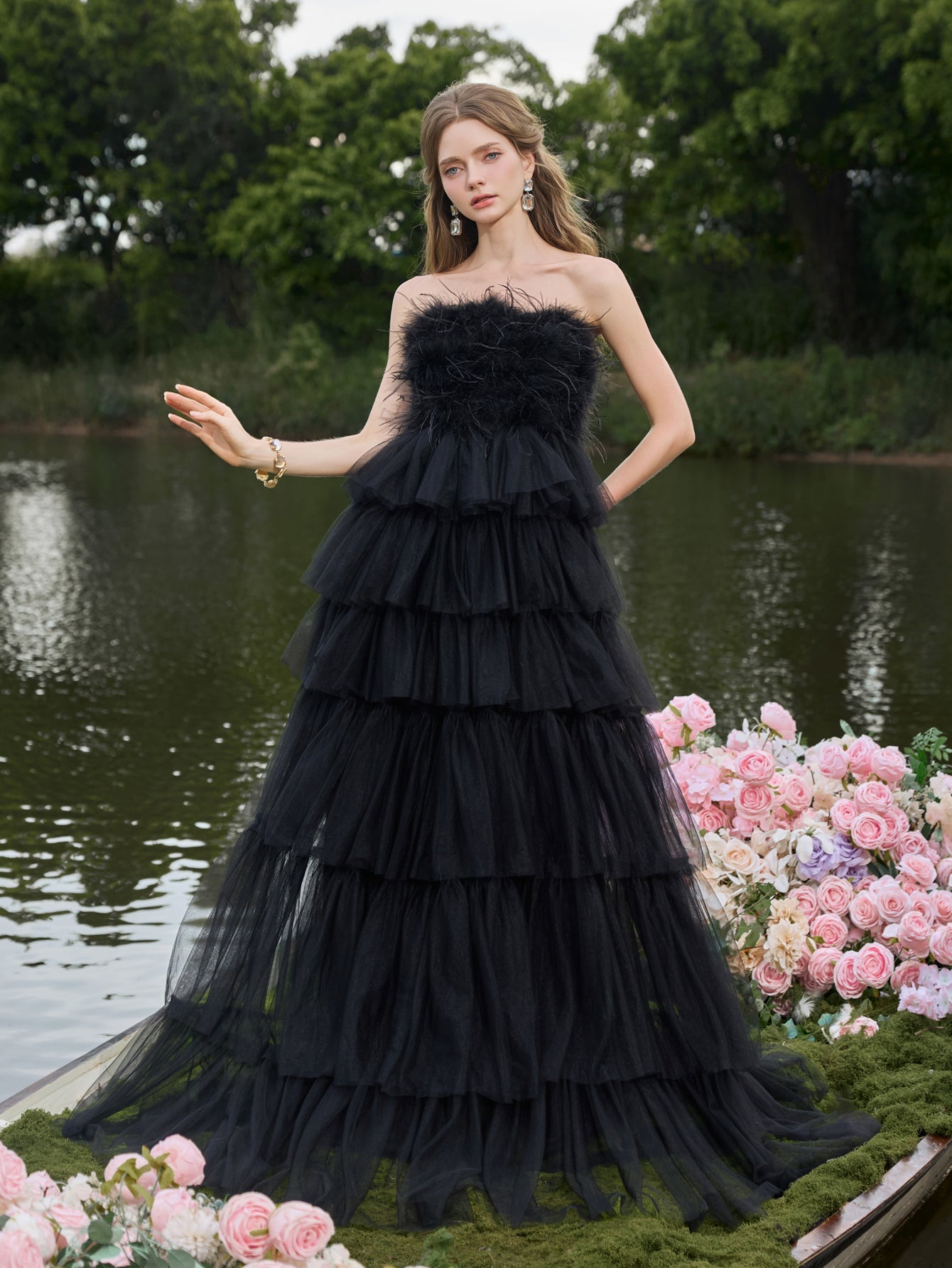 Luxury Feather Bodice Layered Ruffle Tulle Hem Prom Tube Dress — authorized product image 4