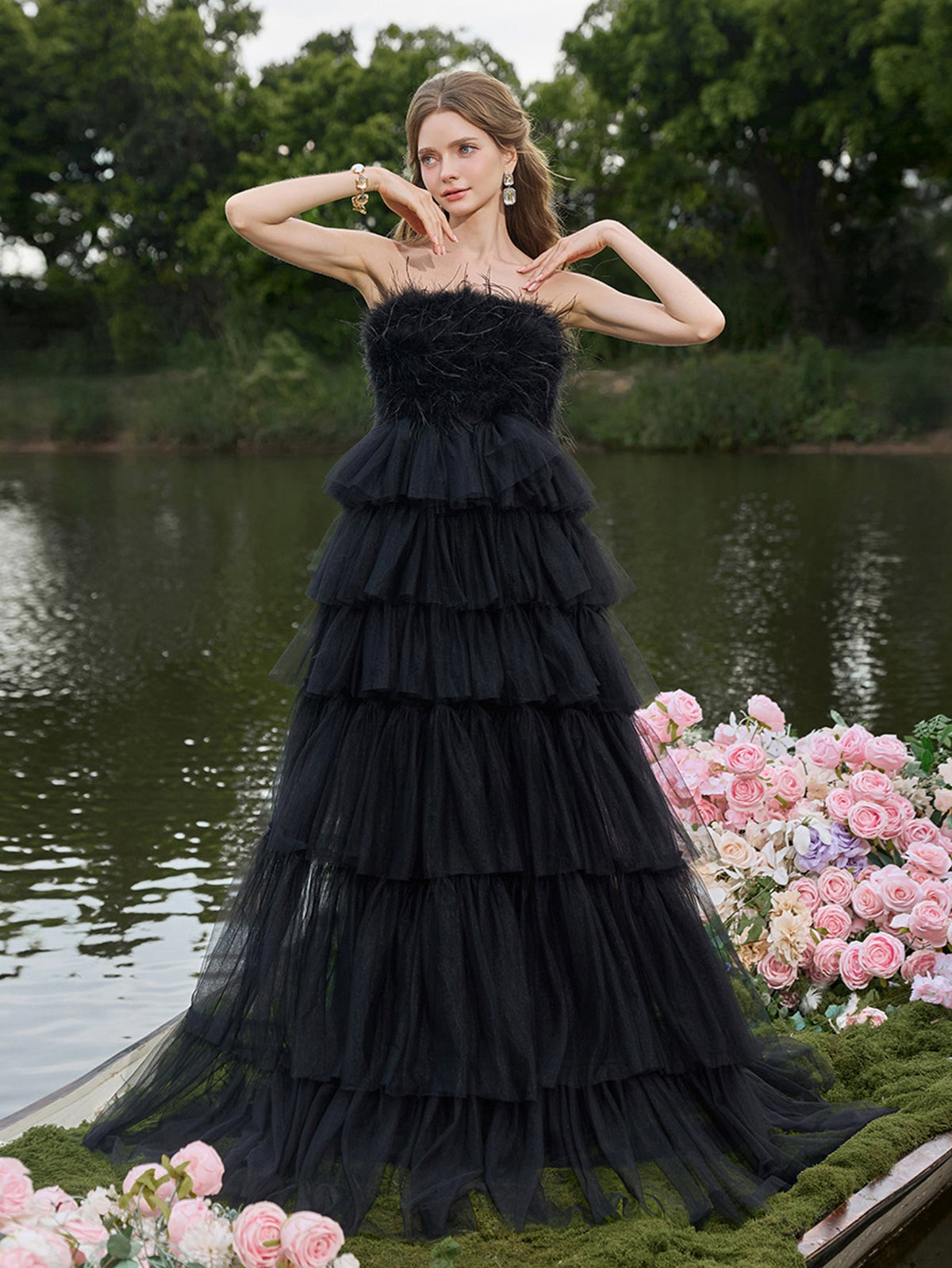 Luxury Feather Bodice Layered Ruffle Tulle Hem Prom Tube Dress — authorized product image 5