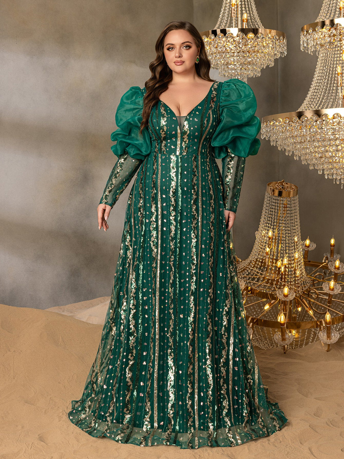 Plus-Size Plunging Backless Puff-Sleeve A-Line Evening Gown — authorized product image 3
