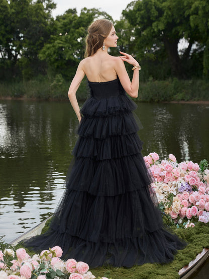 Luxury Feather Bodice Layered Ruffle Tulle Hem Prom Tube Dress — authorized product image 2
