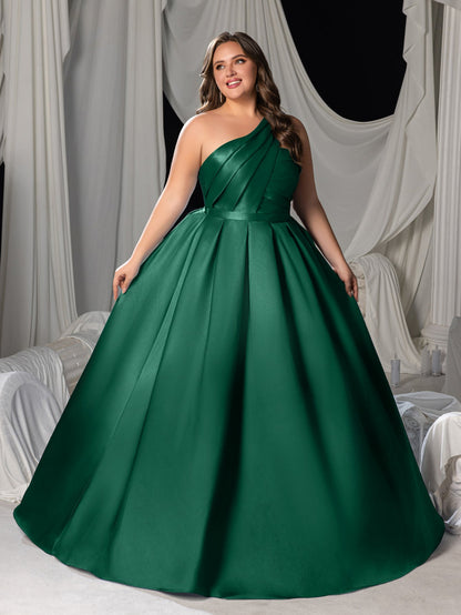 Plus-Size One-Shoulder Satin Pleated Sleeveless A-Line Evening Gown — authorized product image 5