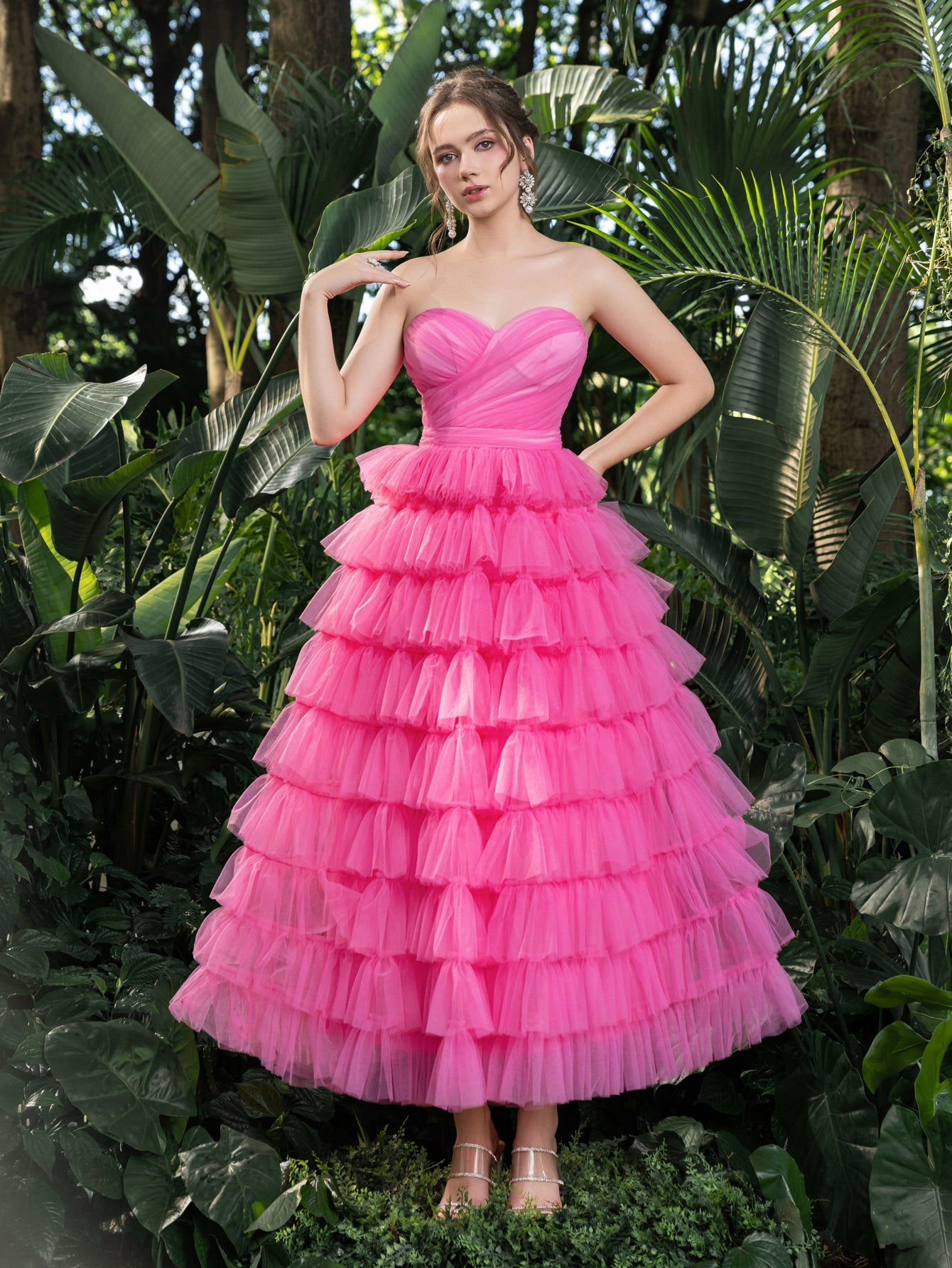 Midi Elegant Strapless Tulle Gown with Ruffled Layers – Voluminous Dress for Tropical Events, Garden Parties & Summer Galas – view 4