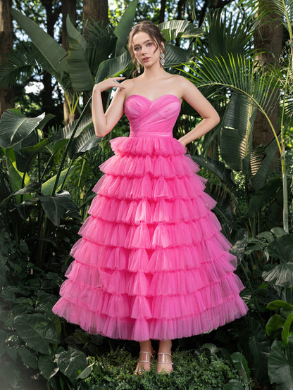 Midi Elegant Strapless Tulle Gown with Ruffled Layers – Voluminous Dress for Tropical Events, Garden Parties & Summer Galas – view 4