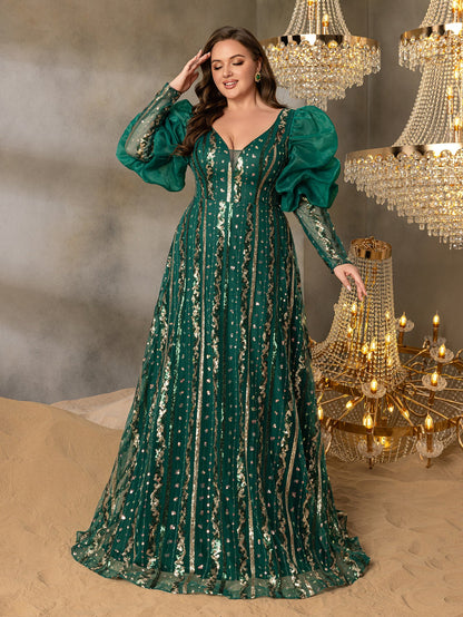 Plus-Size Plunging Backless Puff-Sleeve A-Line Evening Gown — authorized product image 4