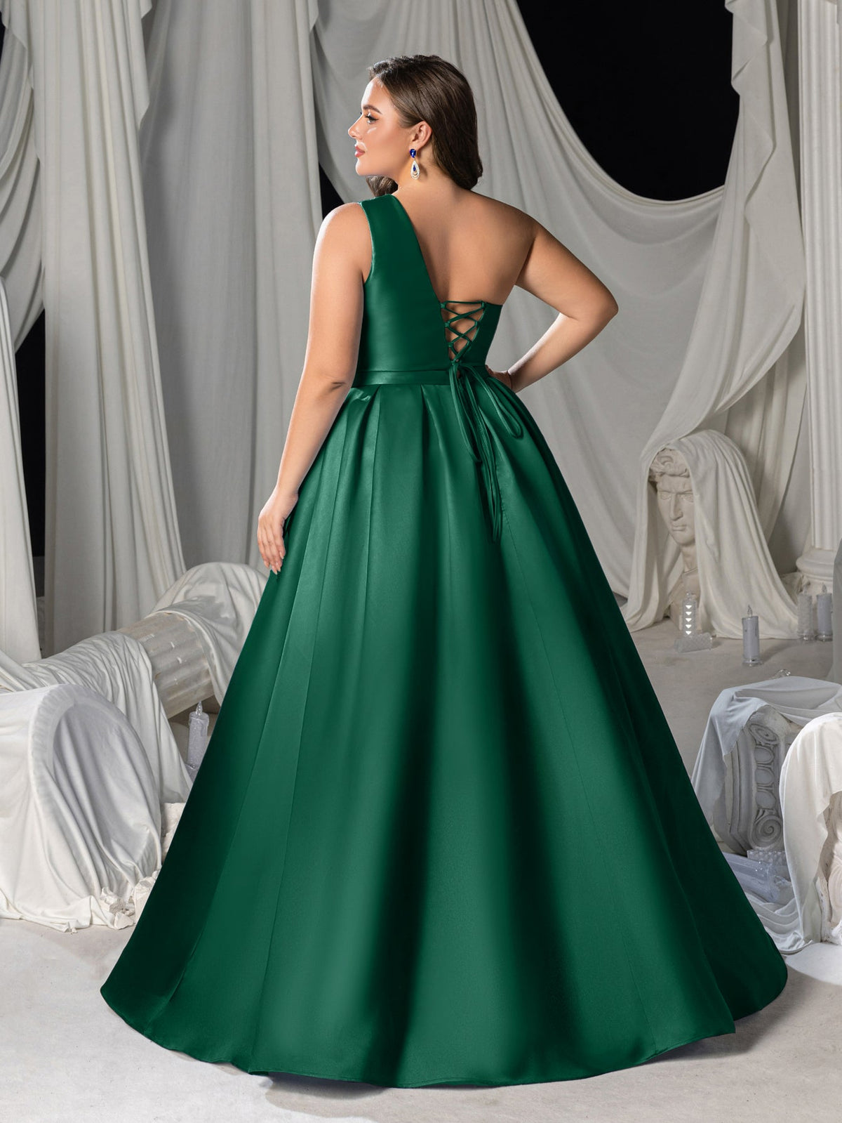 Plus-Size One-Shoulder Satin Pleated Sleeveless A-Line Evening Gown — authorized product image 2