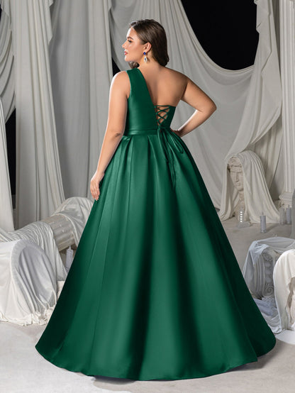 Plus-Size One-Shoulder Satin Pleated Sleeveless A-Line Evening Gown — authorized product image 2