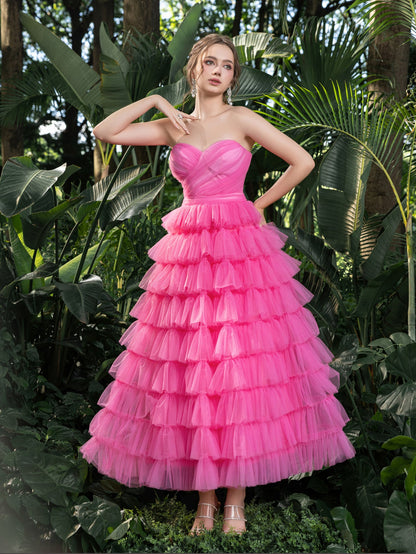 Midi Elegant Strapless Tulle Gown with Ruffled Layers – Voluminous Dress for Tropical Events, Garden Parties & Summer Galas – view 5