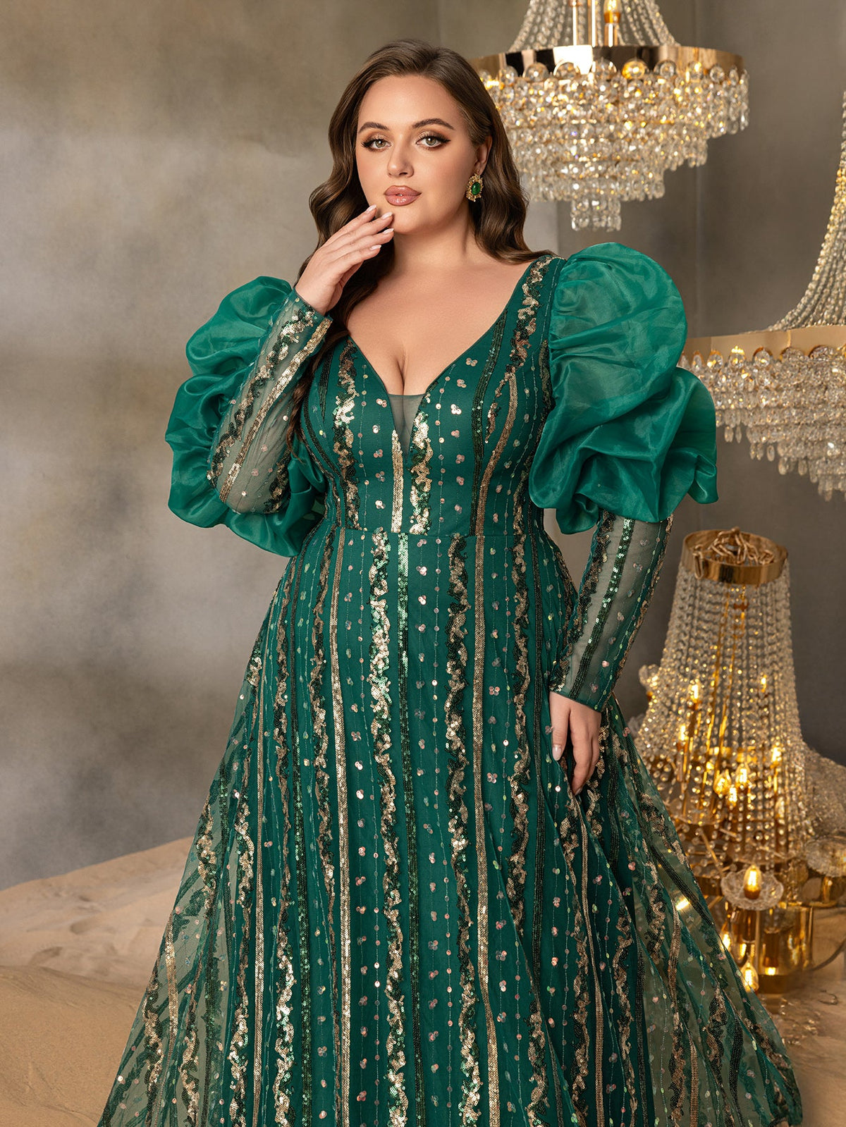 Plus-Size Plunging Backless Puff-Sleeve A-Line Evening Gown — authorized product image 5