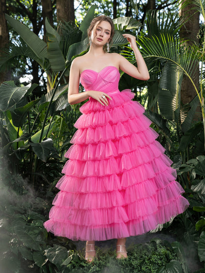 Midi Elegant Strapless Tulle Gown with Ruffled Layers – Voluminous Dress for Tropical Events, Garden Parties & Summer Galas – view 6