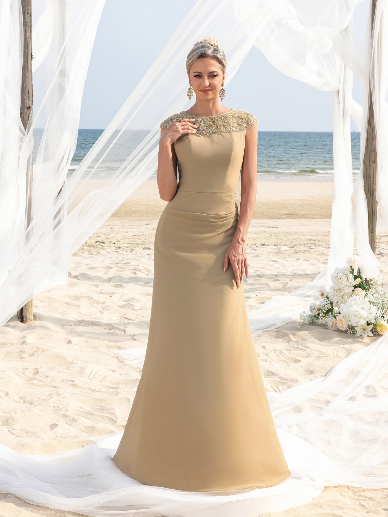 Women's Elegant Sleeveless Chiffon Floor-Length Gown with Beaded Sequin Neckline – Perfect for Weddings, Evening Events, Coastal Celebrations, and Red-Carpet Occasions – view 4