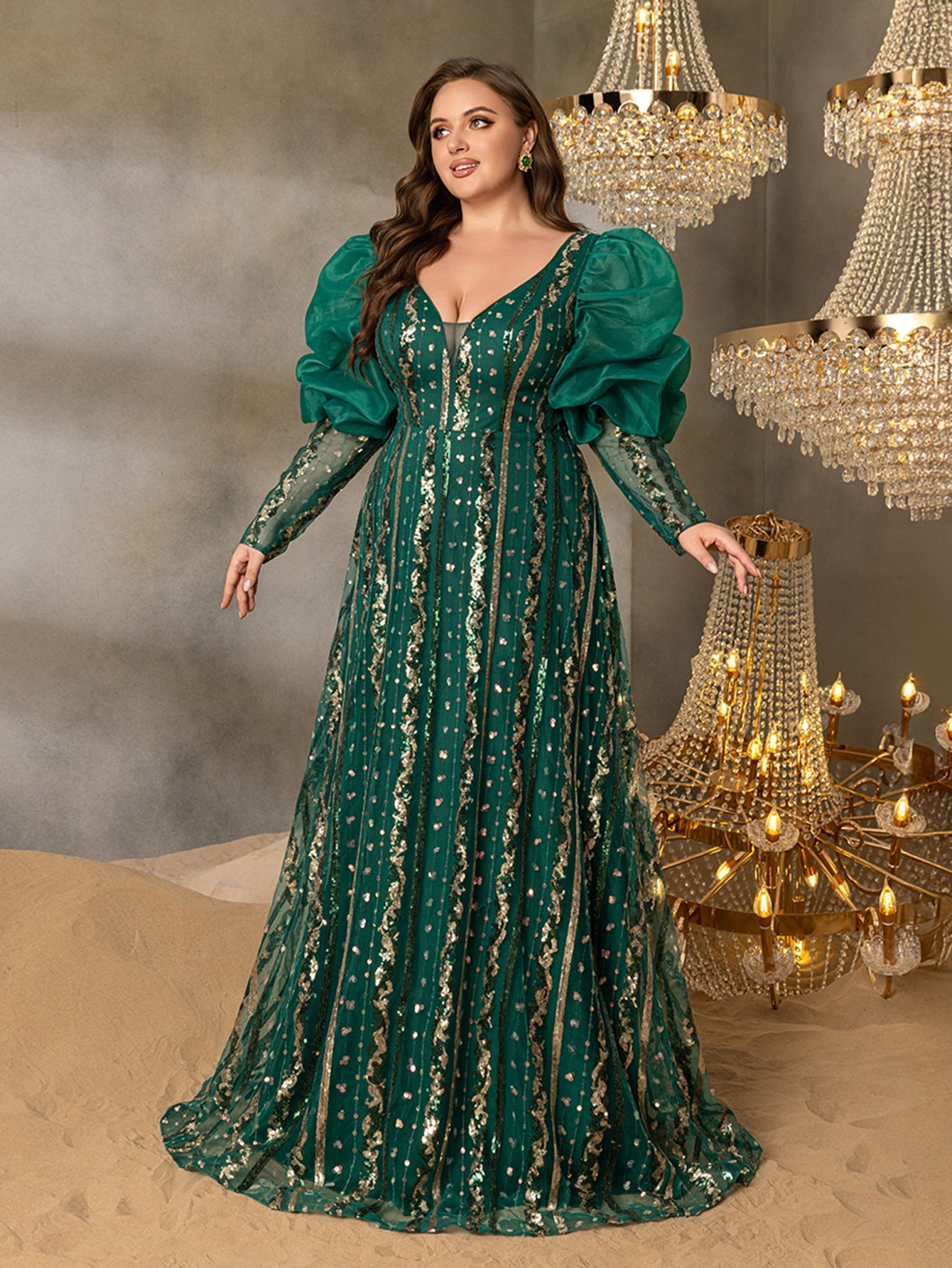 Plus-Size Plunging Backless Puff-Sleeve A-Line Evening Gown — authorized product image 1