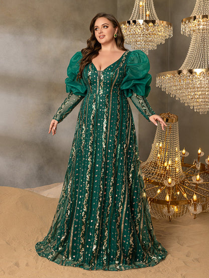 Plus-Size Plunging Backless Puff-Sleeve A-Line Evening Gown — authorized product image 1