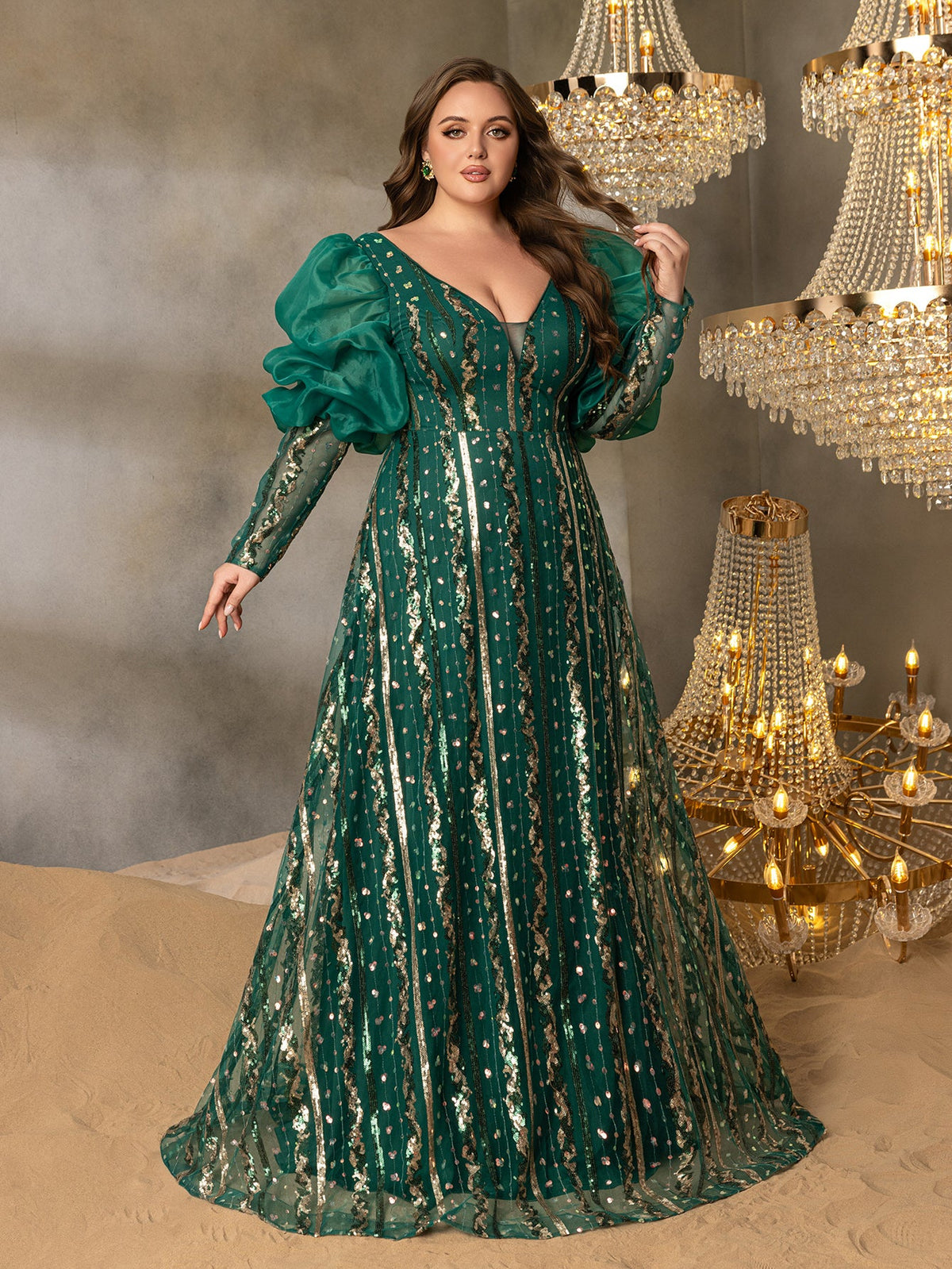 Plus-Size Plunging Backless Puff-Sleeve A-Line Evening Gown — authorized product image 6