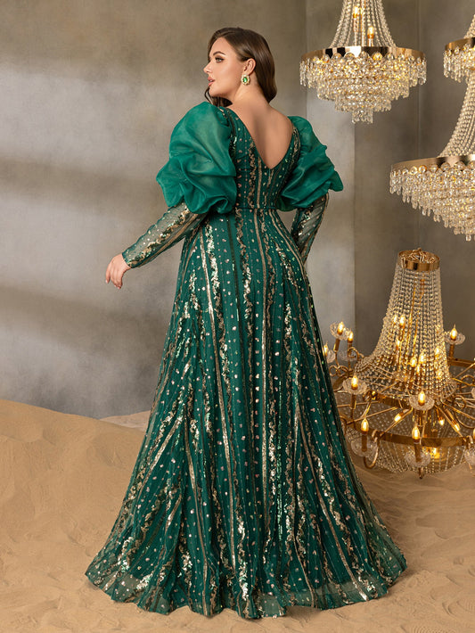 Plus-Size Plunging Backless Puff-Sleeve A-Line Evening Gown — authorized product image 2