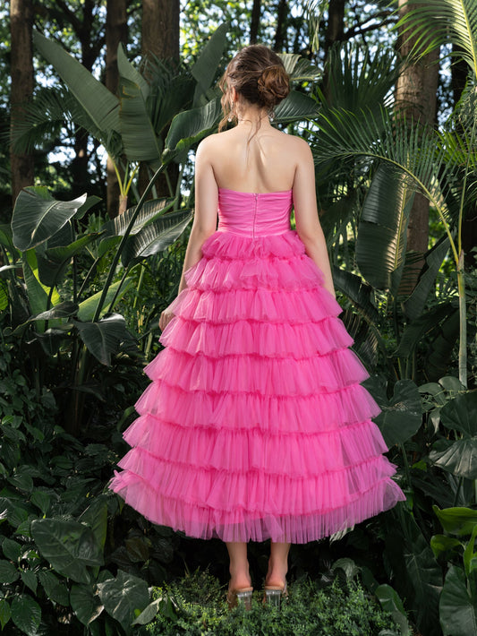 Midi Elegant Strapless Tulle Gown with Ruffled Layers – Voluminous Dress for Tropical Events, Garden Parties & Summer Galas – view 2