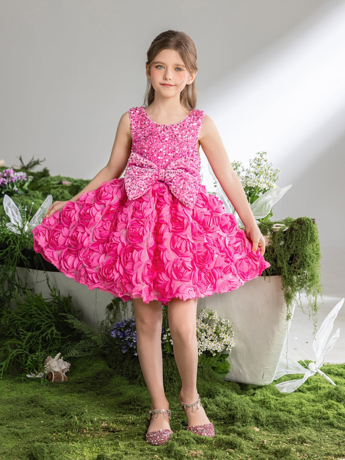 Sequin A-Line Sleeveless Midi Tween Girls' Party Dress in Hot Pink