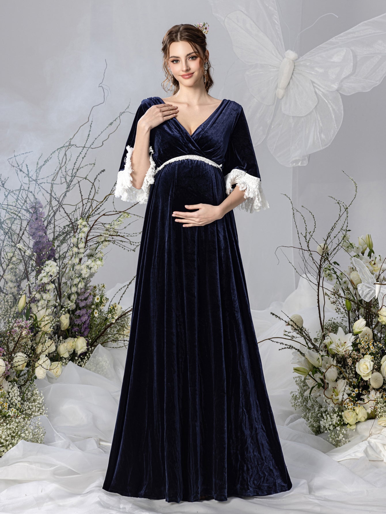 Maternity V-Neck Half Sleeves Velvet Party Dress – view 3