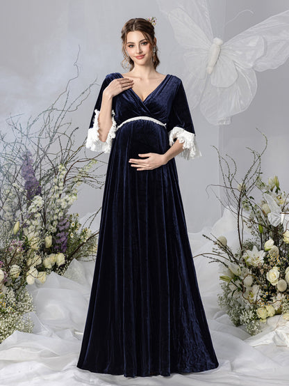 Maternity V-Neck Half Sleeves Velvet Party Dress – view 3