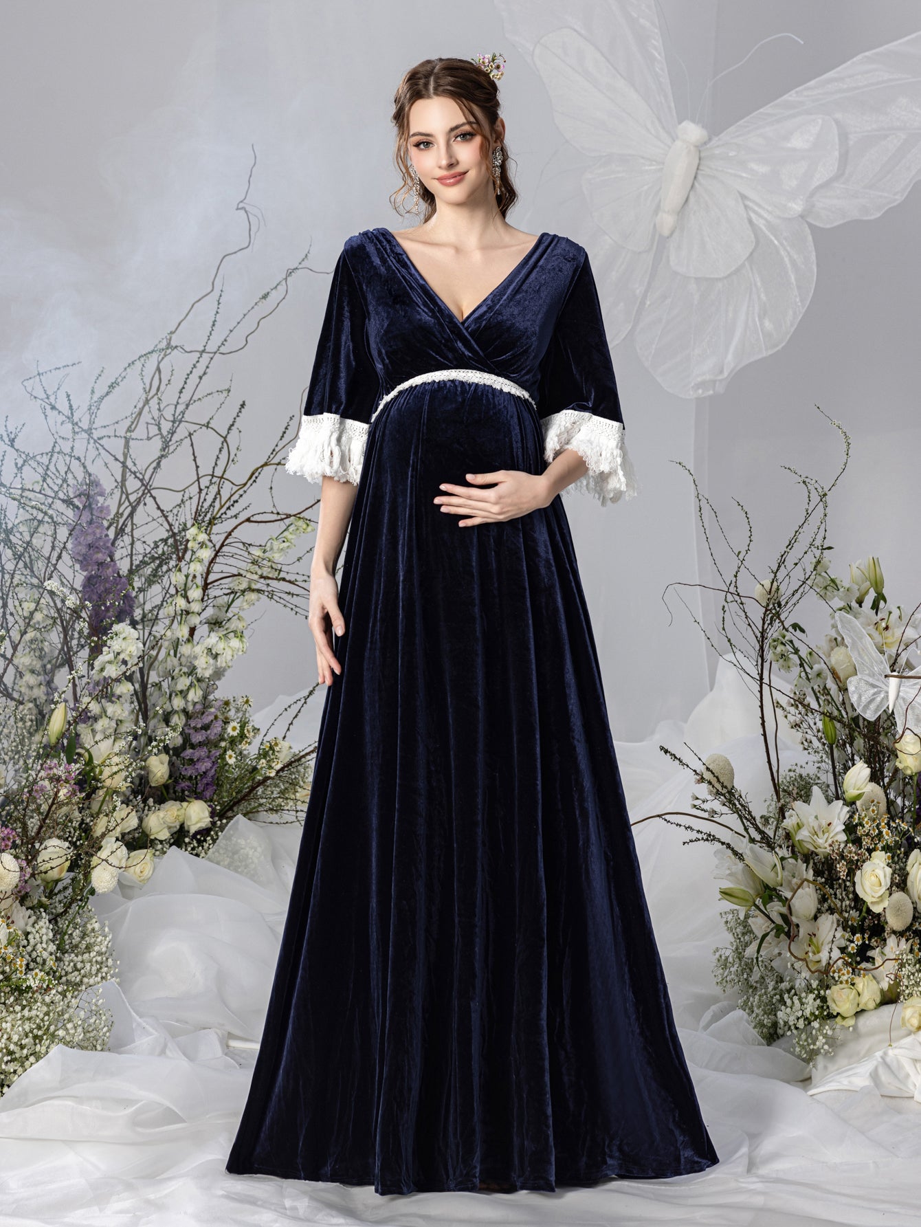 Maternity V-Neck Half Sleeves Velvet Party Dress