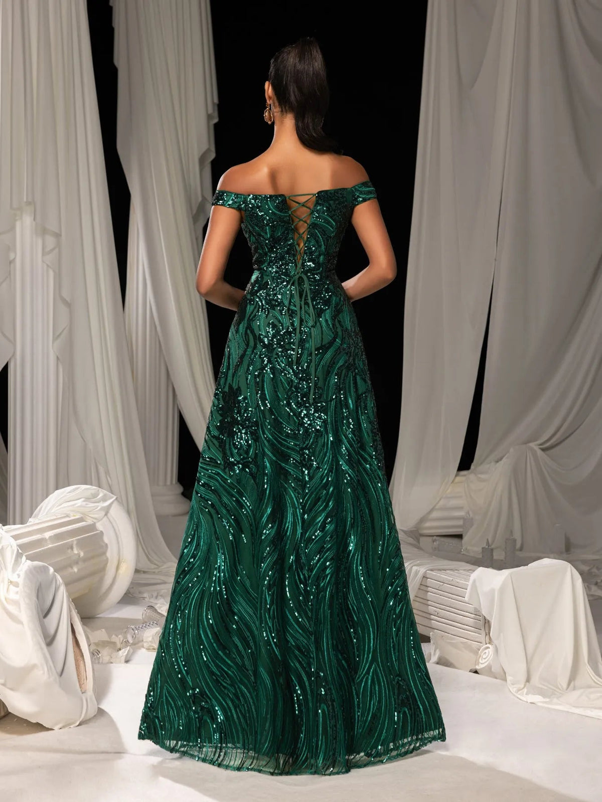 Elegant Off Shoulder Graphic Sequin Formal Prom Dress Evening Dress